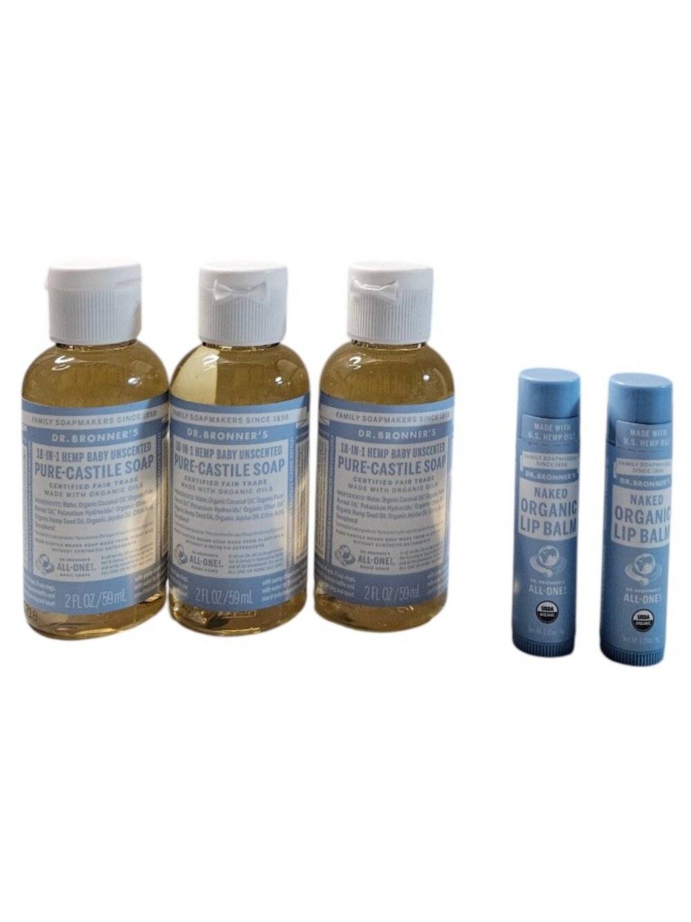 Dr. Bronner's Unscented Bundle: 3 Mini Castile Soaps (2oz) & 2 Naked Lip Balms